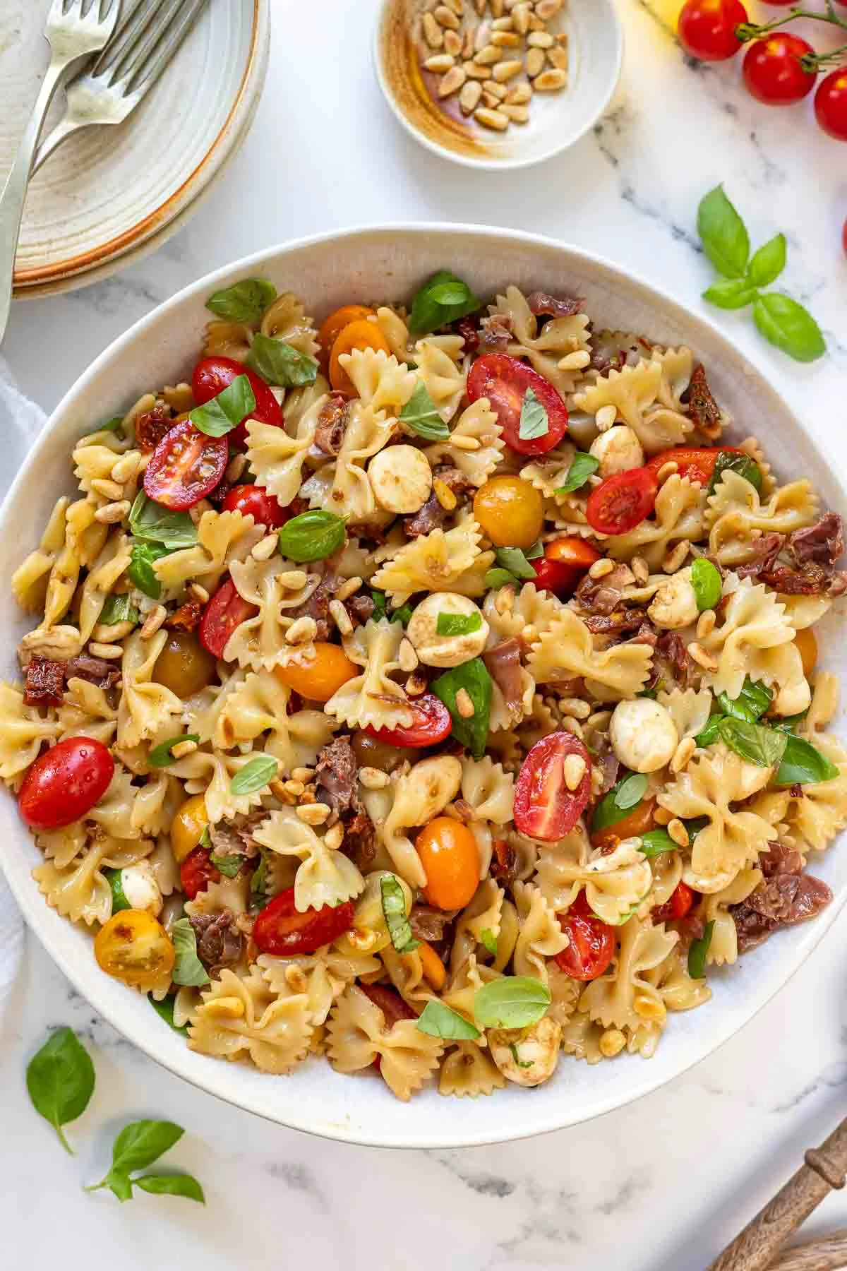Caprese Pasta Salad with Tomatoes, Mozzarella, and Parma Ham